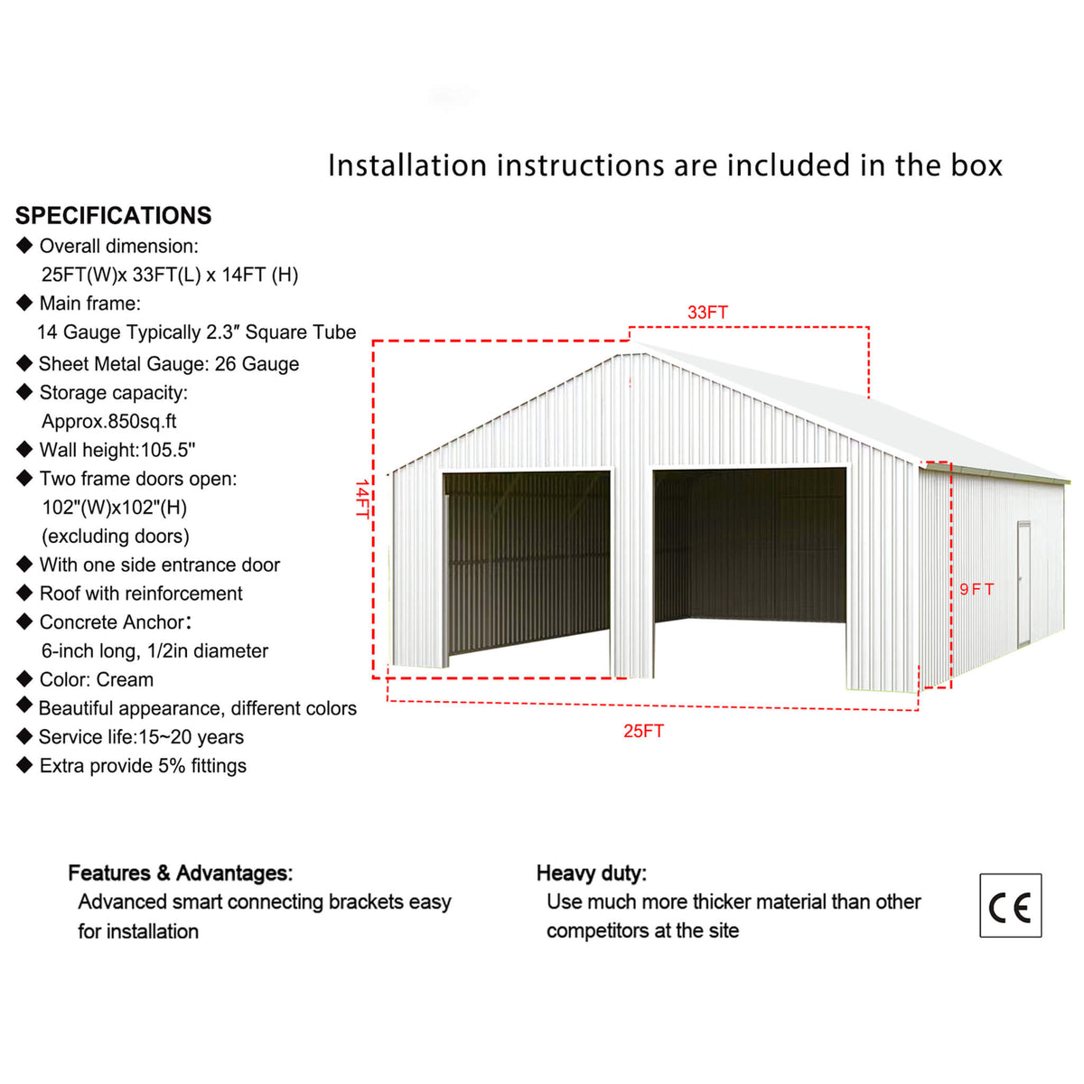 [25X33FT] Alora Heavy-Duty Double Garage Galvanized Steel Barn Shed (SAK61234)